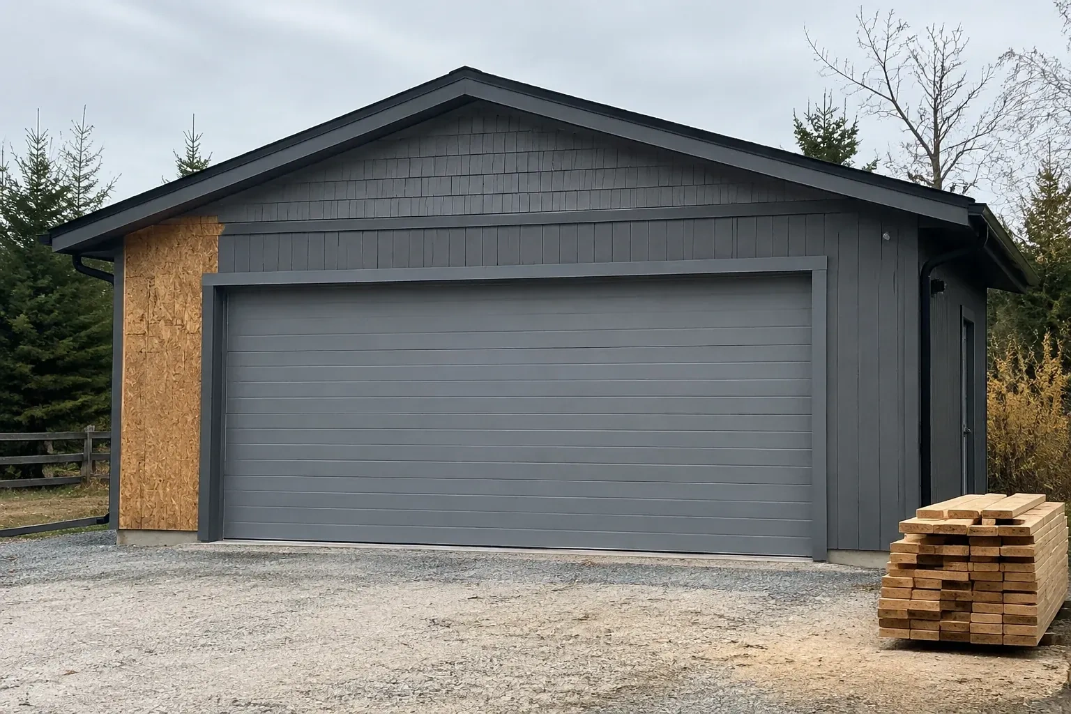 Closed grey garage door on a partly finished building beside stacked lumber. — New-Construction Garage Door Installation, Toronto