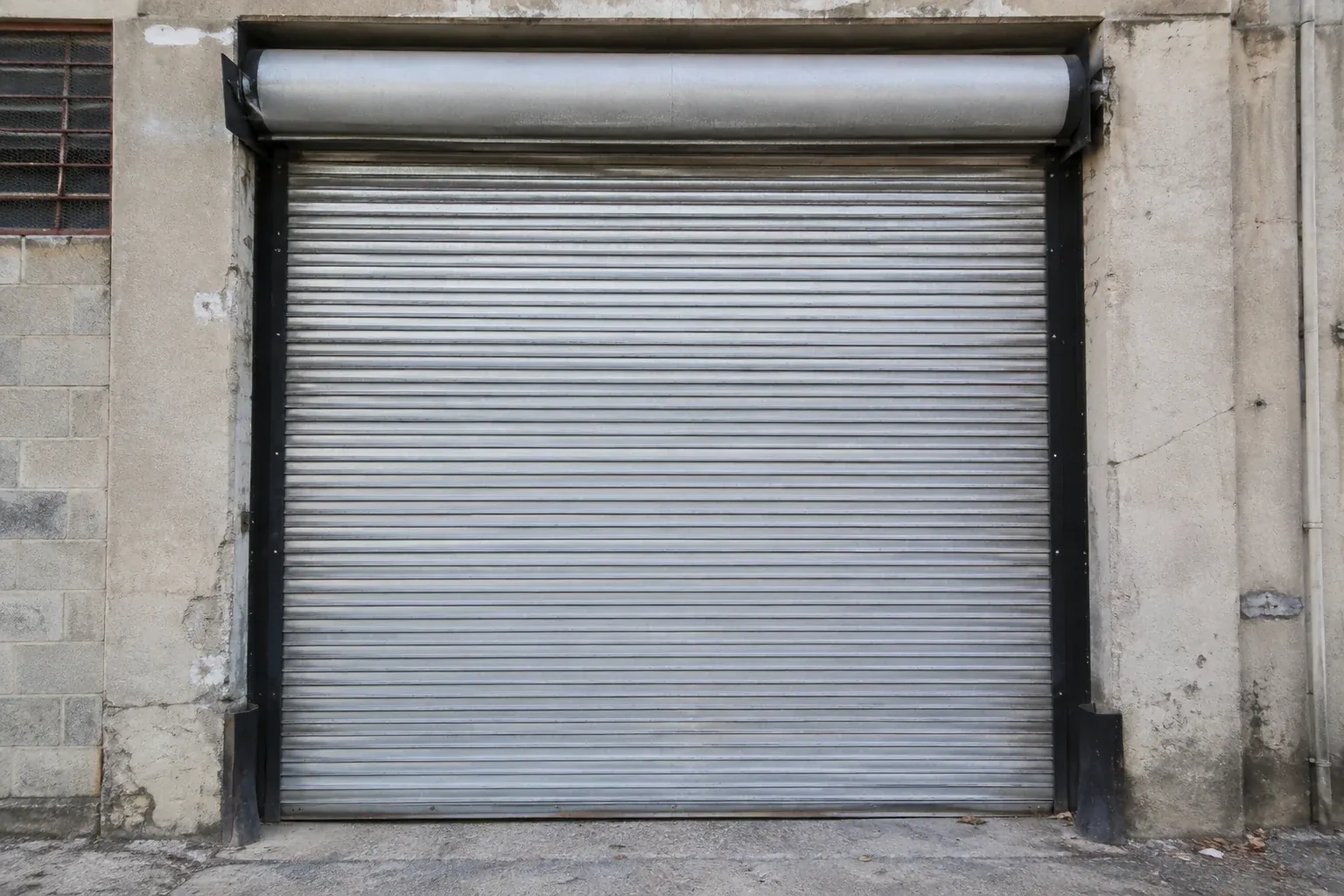 Closed metal rolling shutter in a weathered warehouse opening. — Commercial Rolling Door Repair, Toronto