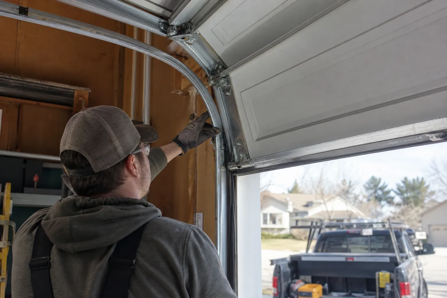 Technician in a mesh cap reaching a gloved hand to the curved door track beside a raised panel, with a pickup outside.