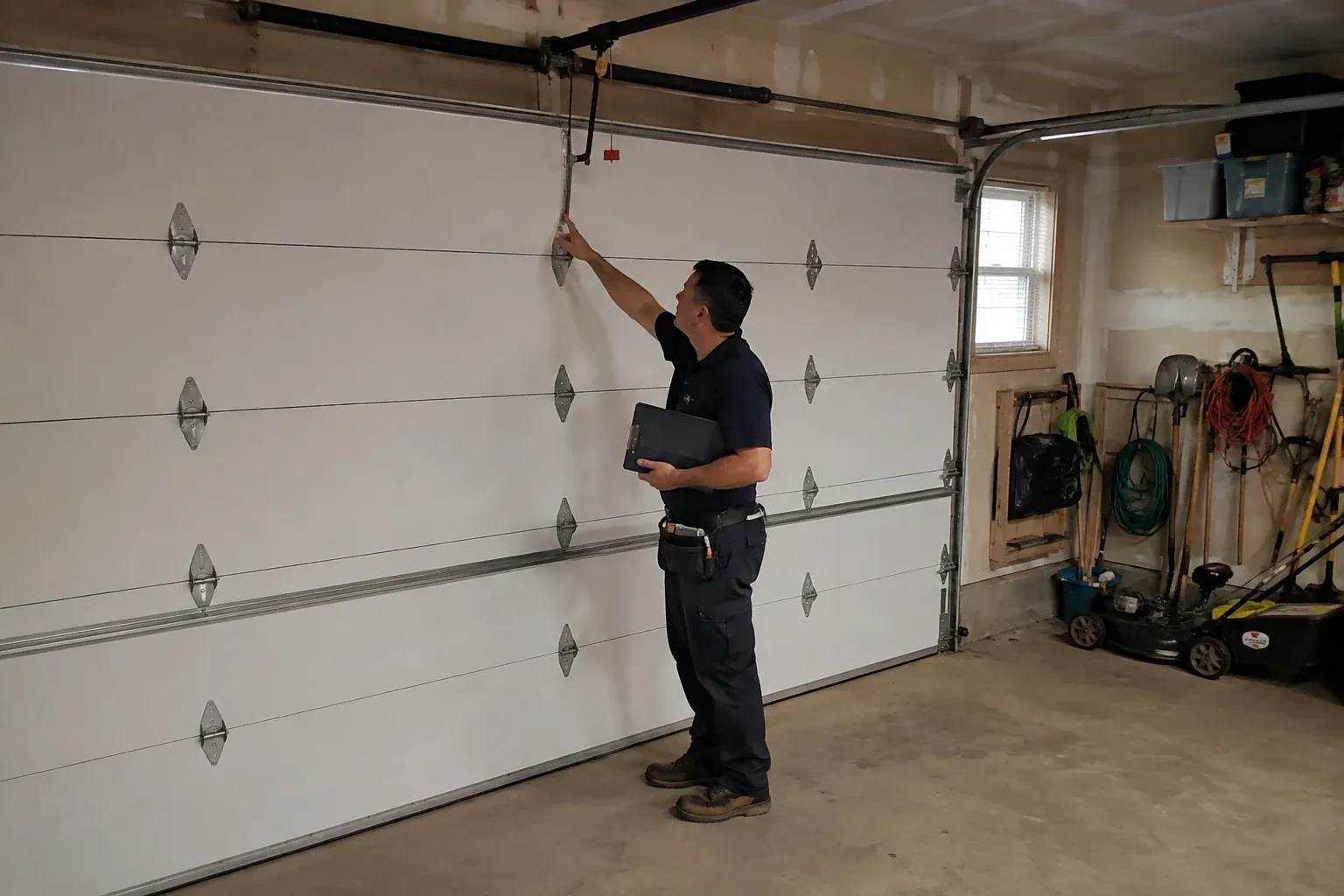 A person holding a clipboard examines the interior hardware of a closed garage door. — Garage Door Tune-Up, Toronto