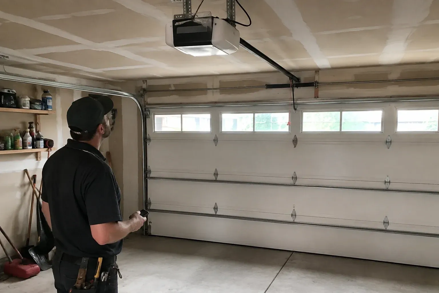 A person looks at an overhead opener above a closed garage door with a row of windows. — Garage Door Opener Replacement, Toronto
