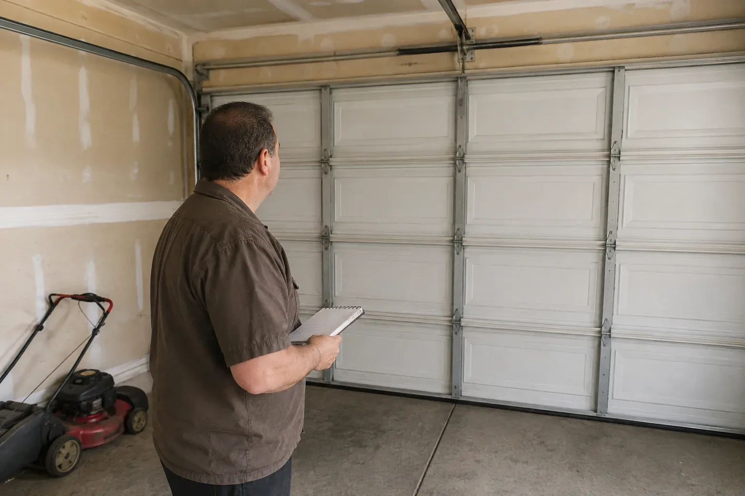 Technician holding a notebook while looking at a closed sectional door. — Garage Door Balance Adjustment, Toronto